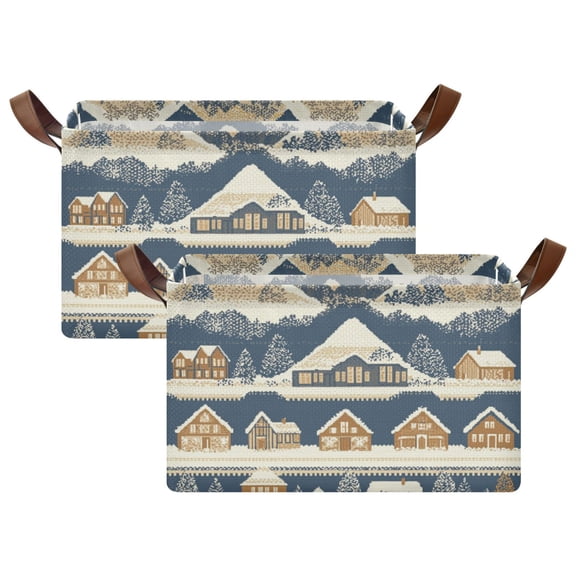 Yayeee Foldable Storage Basket for Shelves with Handles Set of 2 Waterproof Cloth Bins, Winter Village
