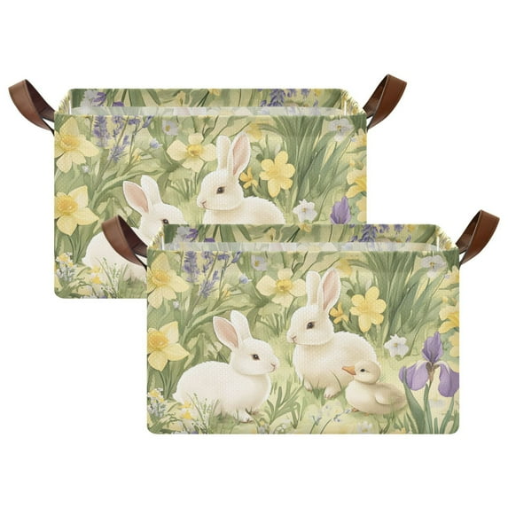 Yayeee Foldable Storage Basket for Shelves with Handles Set of 2 Waterproof Cloth Bins, Yellow Floral Rabbit