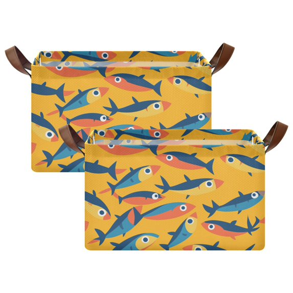 Yayeee Foldable Storage Basket for Shelves with Handles Set of 2 Waterproof Cloth Bins, Yellow Sardines Pattern