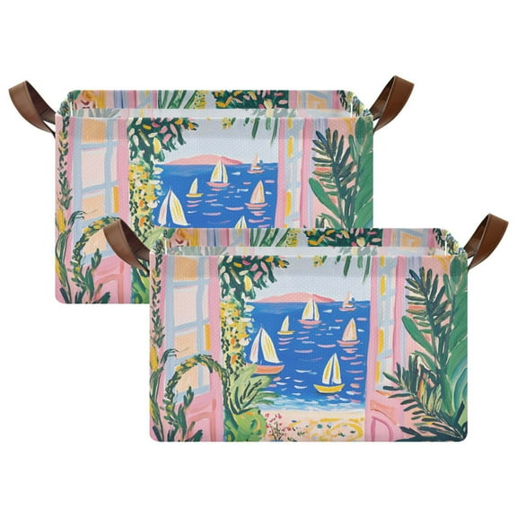 Yayeee Foldable Storage Basket for Shelves with Handles Set of 2 Waterproof Cloth Bins, Yellow Seaside