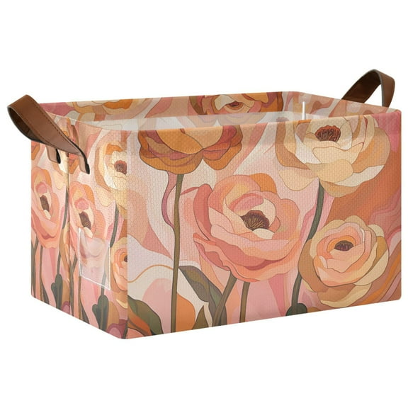 Yayeee Foldable Storage Basket for Shelves with Handles Waterproof Cloth Bins, Abstract Orange Flowers