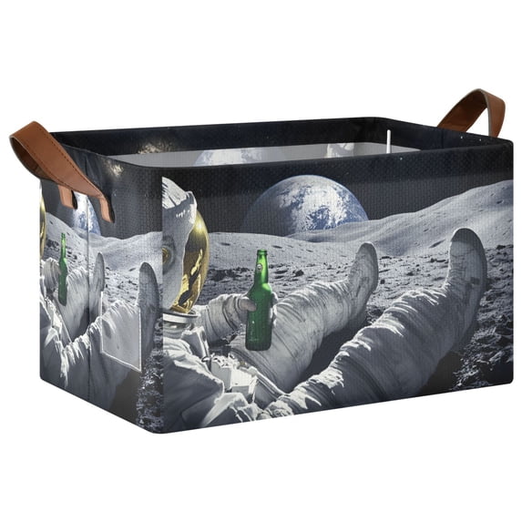 Yayeee Foldable Storage Basket for Shelves with Handles Waterproof Cloth Bins, Astronaut with Beer