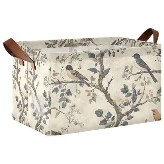 Yayeee Foldable Storage Basket for Shelves with Handles Waterproof Cloth Bins, Beige Birds