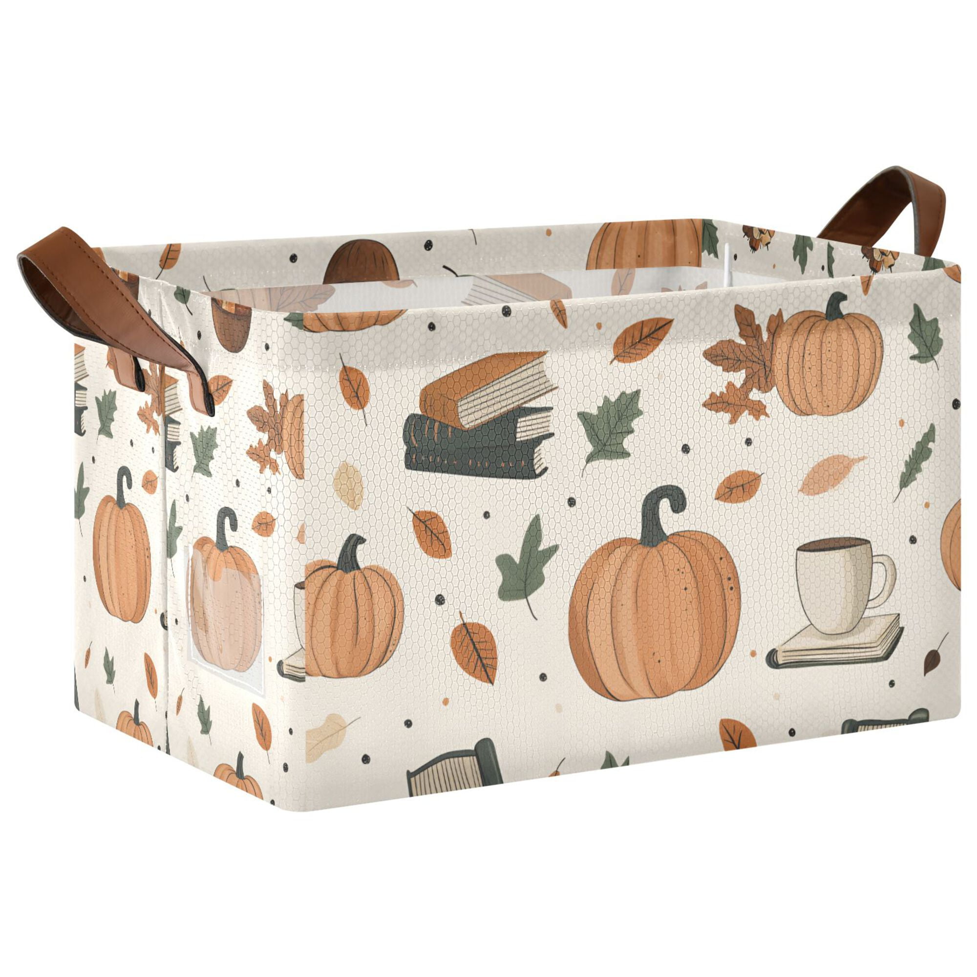 Yayeee Foldable Storage Basket for Shelves with Handles Waterproof Cloth Bins, Beige Fall Leaves