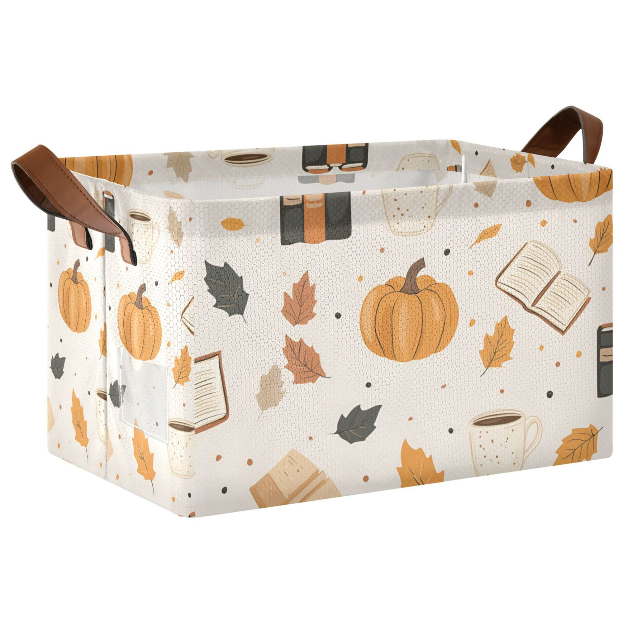 Yayeee Foldable Storage Basket for Shelves with Handles Waterproof Cloth Bins, Beige Fall Pumpkin