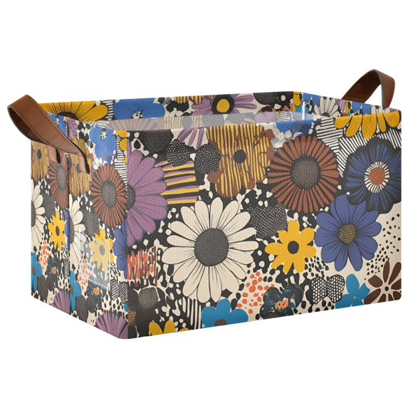 Yayeee Foldable Storage Basket for Shelves with Handles Waterproof Cloth Bins, Beige Flowers