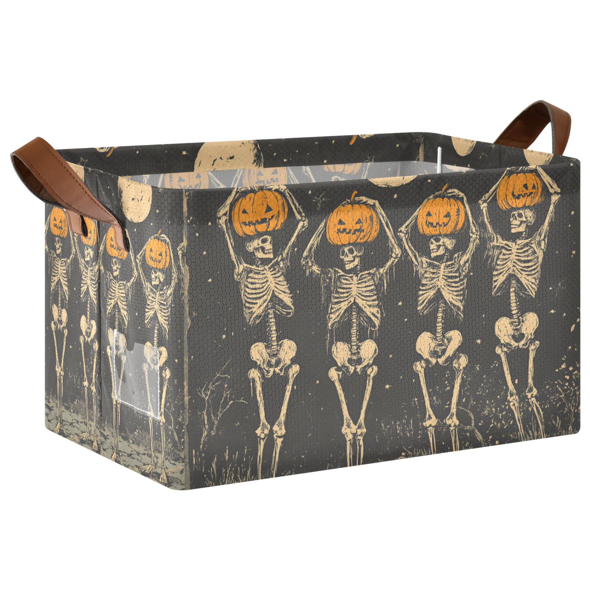 Yayeee Foldable Storage Basket for Shelves with Handles Waterproof Cloth Bins, Beige Halloween Skeleton