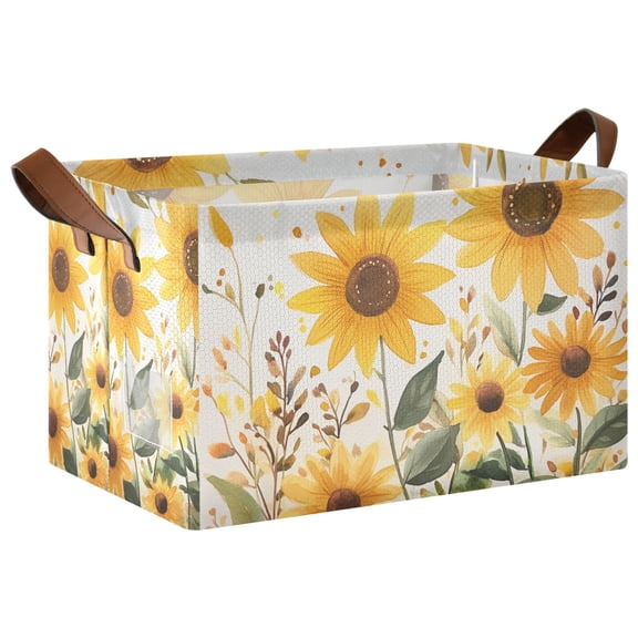 Yayeee Foldable Storage Basket for Shelves with Handles Waterproof Cloth Bins, Beige Sunflowers