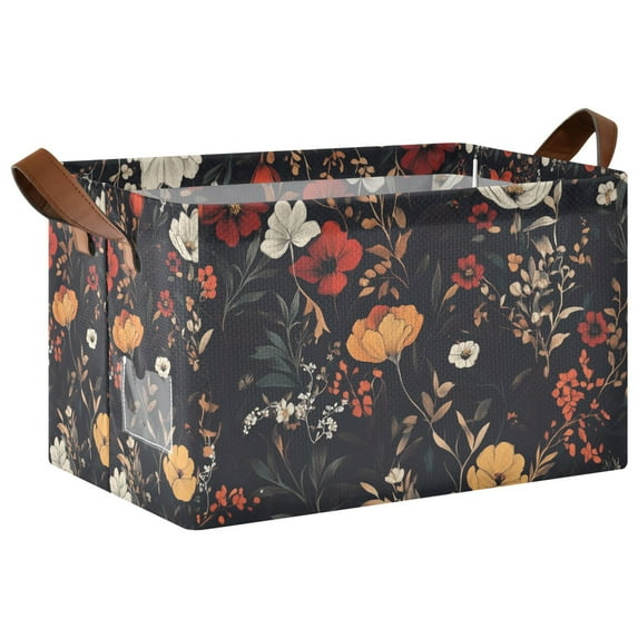 Yayeee Foldable Storage Basket for Shelves with Handles Waterproof Cloth Bins, Black Floral Pattern