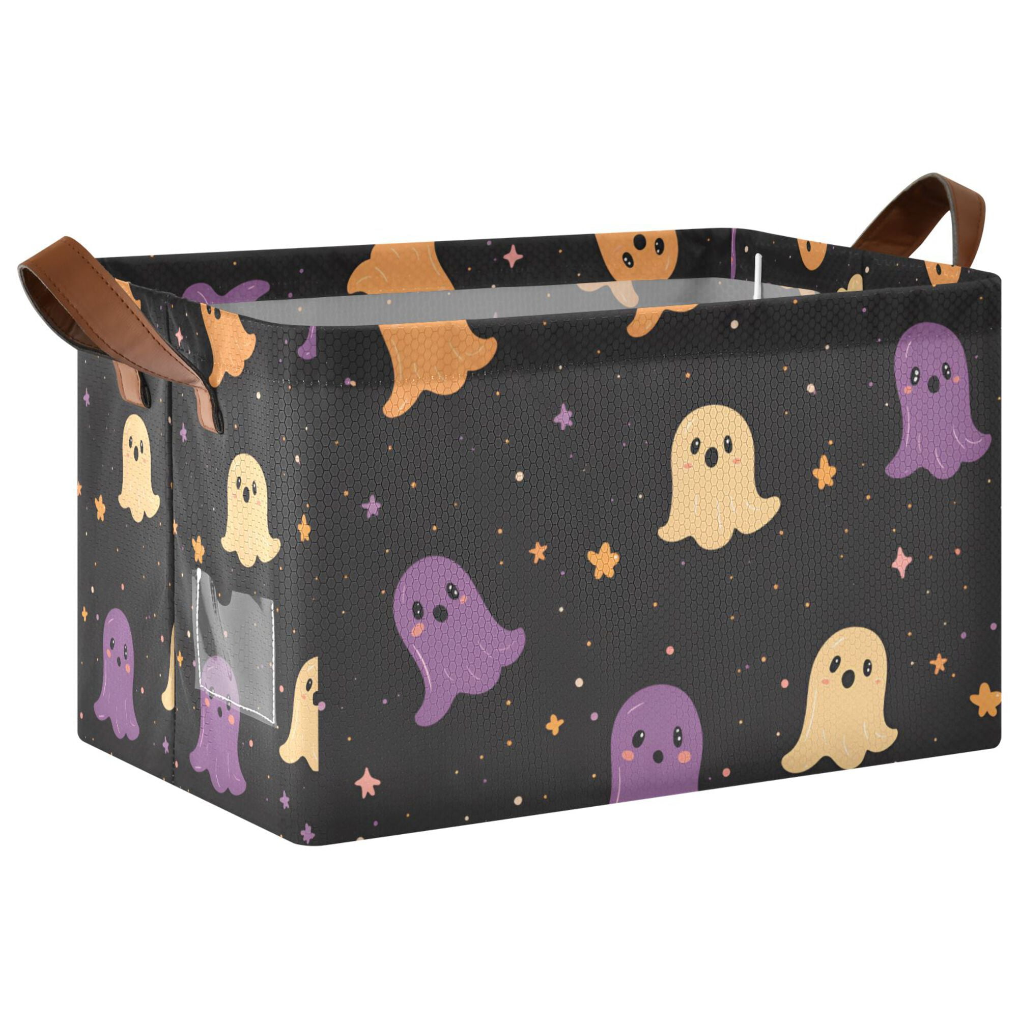 Yayeee Foldable Storage Basket for Shelves with Handles Waterproof Cloth Bins, Black Halloween Ghosts