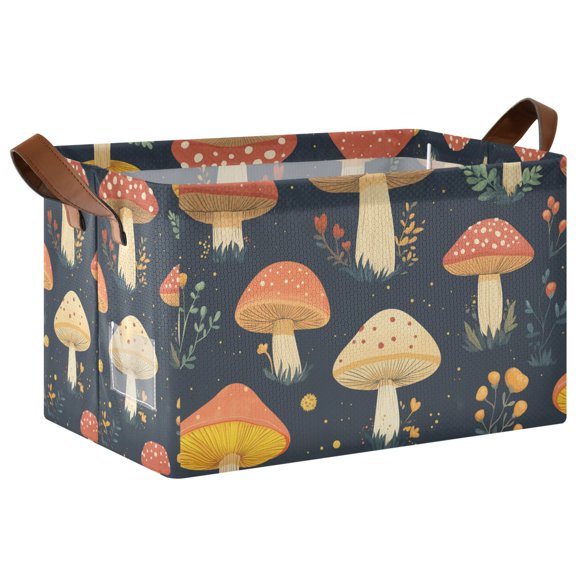 Yayeee Foldable Storage Basket for Shelves with Handles Waterproof Cloth Bins, Black Mushroom Pattern