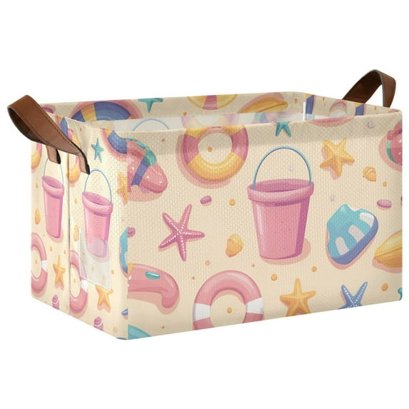 Yayeee Foldable Storage Basket for Shelves with Handles Waterproof Cloth Bins, Blue Beach Toys Pattern