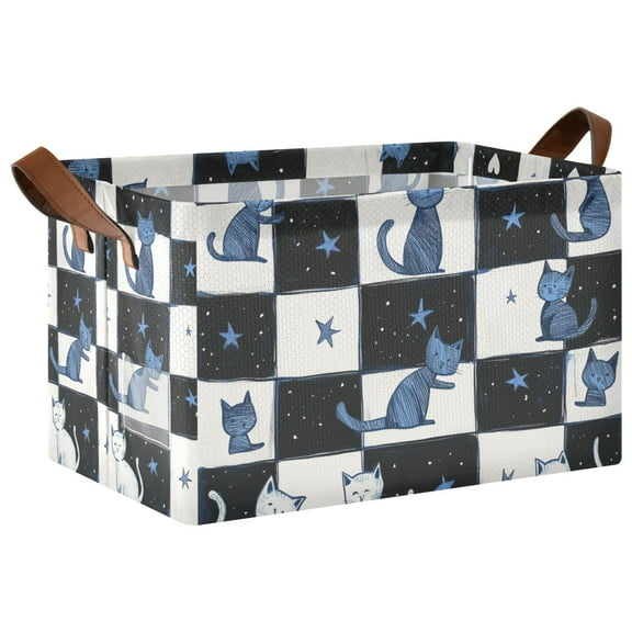 Yayeee Foldable Storage Basket for Shelves with Handles Waterproof Cloth Bins, Blue Cat Stars