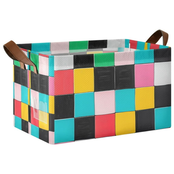 Yayeee Foldable Storage Basket for Shelves with Handles Waterproof Cloth Bins, Blue Checkered Pattern