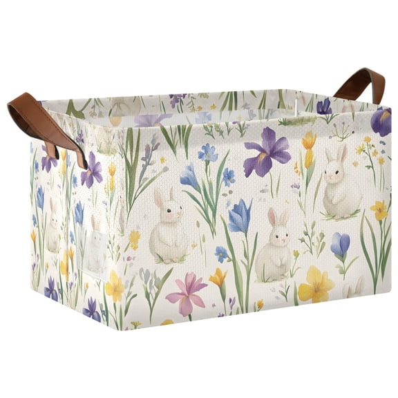 Yayeee Foldable Storage Basket for Shelves with Handles Waterproof Cloth Bins, Blue Floral Rabbit