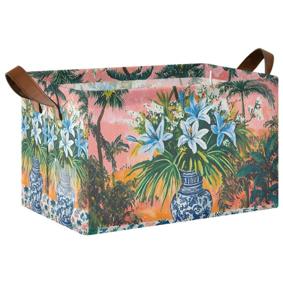 Yayeee Foldable Storage Basket for Shelves with Handles Waterproof Cloth Bins, Blue Flowers