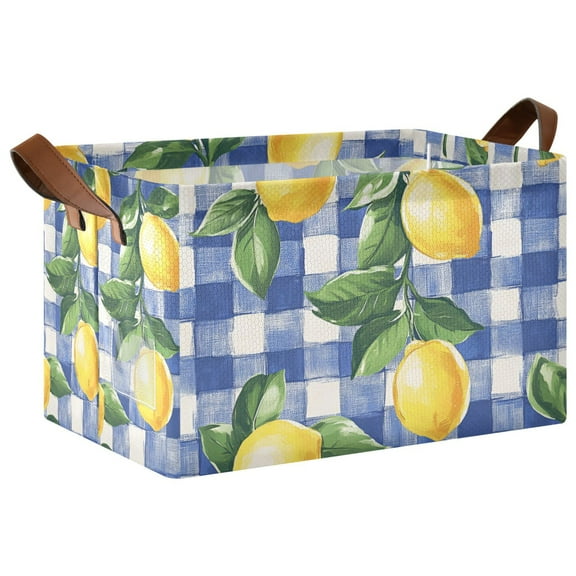 Yayeee Foldable Storage Basket for Shelves with Handles Waterproof Cloth Bins, Blue Plaid Lemon