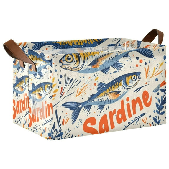 Yayeee Foldable Storage Basket for Shelves with Handles Waterproof Cloth Bins, Blue Sardines Pattern