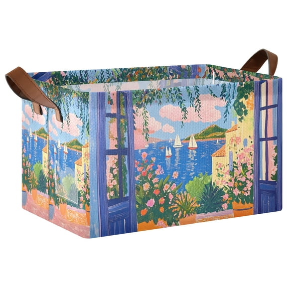Yayeee Foldable Storage Basket for Shelves with Handles Waterproof Cloth Bins, Blue Window