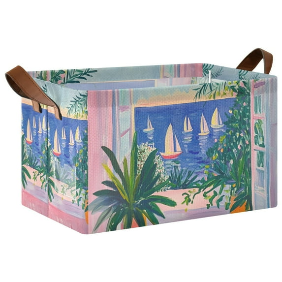 Yayeee Foldable Storage Basket for Shelves with Handles Waterproof Cloth Bins, Boat Seaside
