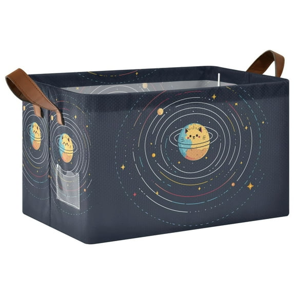 Yayeee Foldable Storage Basket for Shelves with Handles Waterproof Cloth Bins, Cat Planet