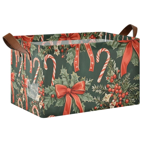 Yayeee Foldable Storage Basket for Shelves with Handles Waterproof Cloth Bins, Christmas Holly Bows