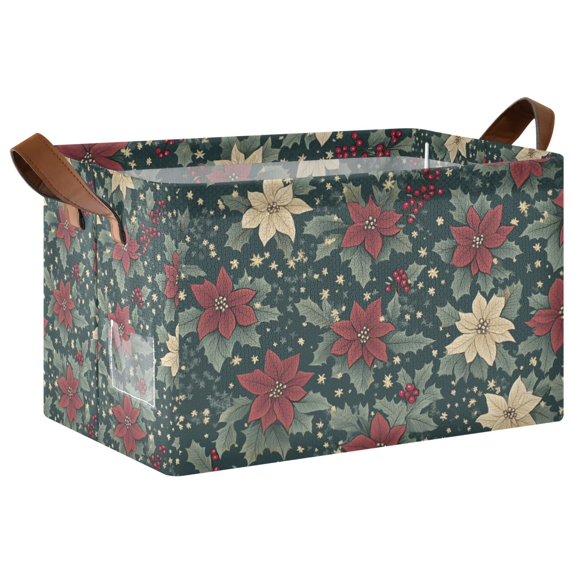 Yayeee Foldable Storage Basket for Shelves with Handles Waterproof Cloth Bins, Christmas Holly Leaves