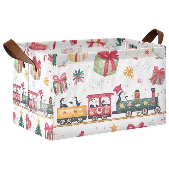 Yayeee Foldable Storage Basket for Shelves with Handles Waterproof Cloth Bins, Christmas Penguin