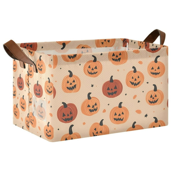 Yayeee Foldable Storage Basket for Shelves with Handles Waterproof Cloth Bins, Colorful Halloween Pumpkin Pattern
