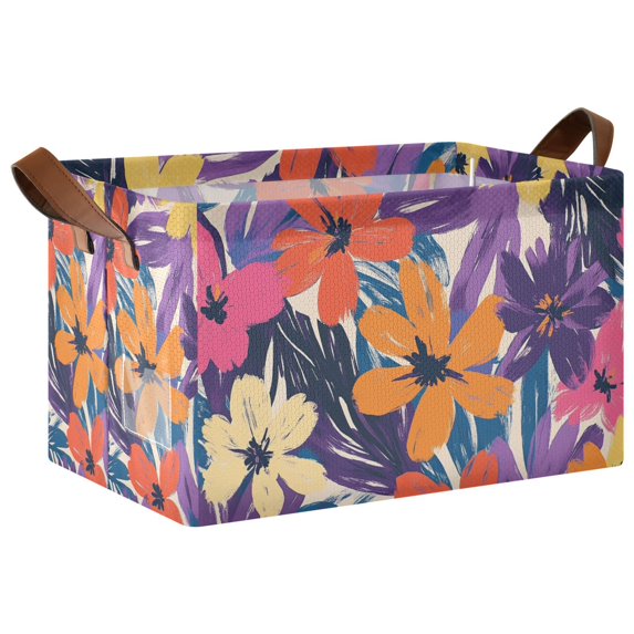 Yayeee Foldable Storage Basket for Shelves with Handles Waterproof Cloth Bins, Colorful Painted Flowers Pattern