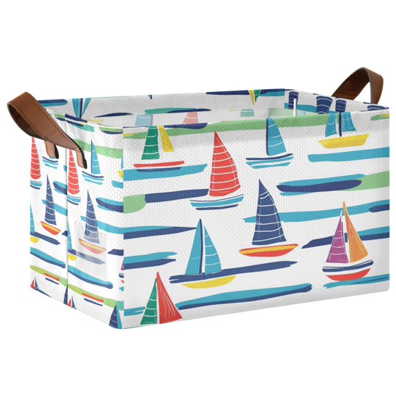 Yayeee Foldable Storage Basket for Shelves with Handles Waterproof Cloth Bins, Colorful Sailboats