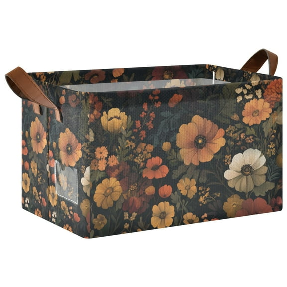 Yayeee Foldable Storage Basket for Shelves with Handles Waterproof Cloth Bins, Dark Floral Pattern