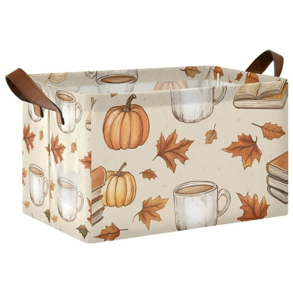 Yayeee Foldable Storage Basket for Shelves with Handles Waterproof Cloth Bins, Fall Mug Pattern