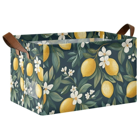 Yayeee Foldable Storage Basket for Shelves with Handles Waterproof Cloth Bins, Floral Lemons