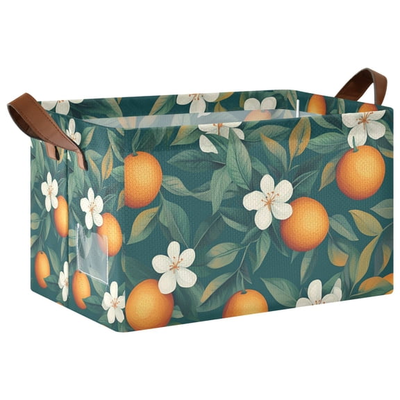 Yayeee Foldable Storage Basket for Shelves with Handles Waterproof Cloth Bins, Floral Orange Pattern