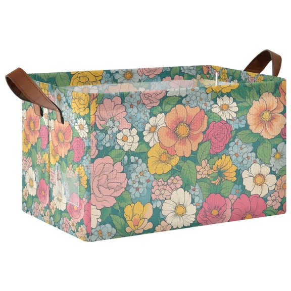 Yayeee Foldable Storage Basket for Shelves with Handles Waterproof Cloth Bins, Floral Pattern