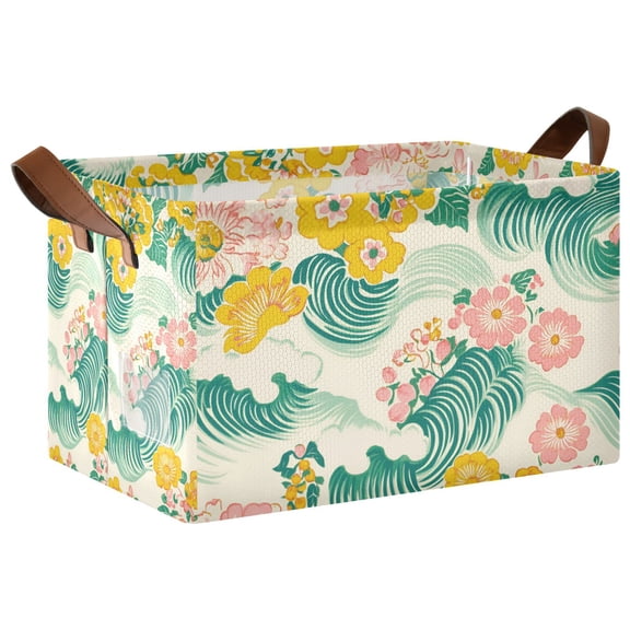 Yayeee Foldable Storage Basket for Shelves with Handles Waterproof Cloth Bins, Floral Wave