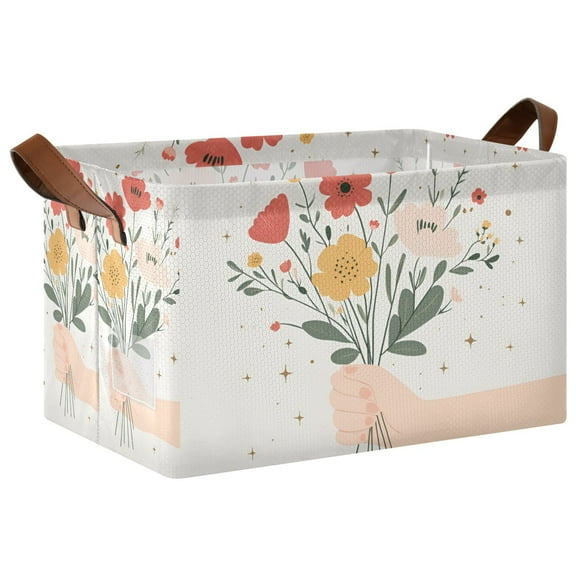 Yayeee Foldable Storage Basket for Shelves with Handles Waterproof Cloth Bins, Gray Cute Flower