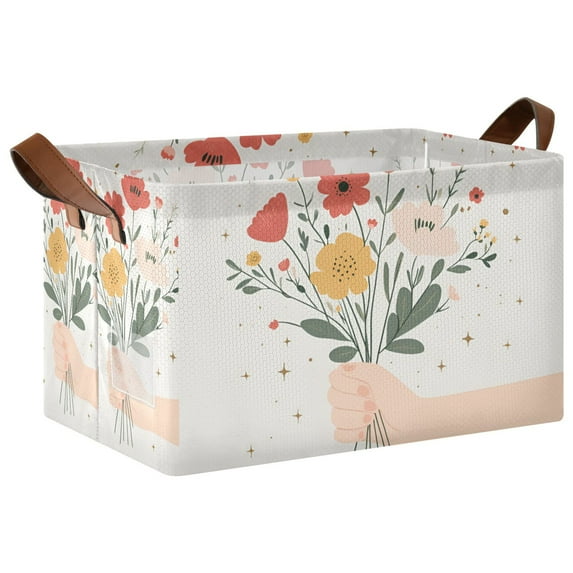 Yayeee Foldable Storage Basket for Shelves with Handles Waterproof Cloth Bins, Gray Cute Flower