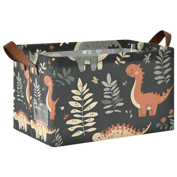 Yayeee Foldable Storage Basket for Shelves with Handles Waterproof Cloth Bins, Gray Dinosaur