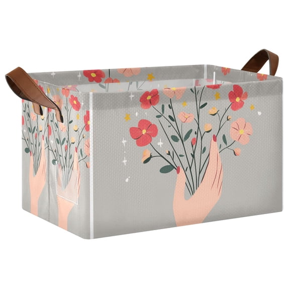 Yayeee Foldable Storage Basket for Shelves with Handles Waterproof Cloth Bins, Gray Flower