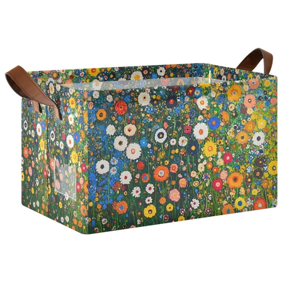 Yayeee Foldable Storage Basket for Shelves with Handles Waterproof Cloth Bins, Green Floral Garden