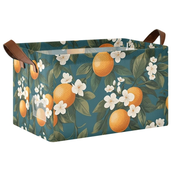 Yayeee Foldable Storage Basket for Shelves with Handles Waterproof Cloth Bins, Green Floral Orange