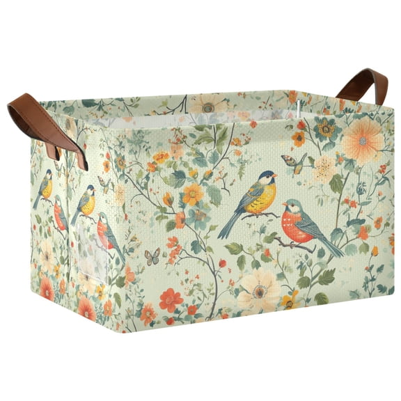 Yayeee Foldable Storage Basket for Shelves with Handles Waterproof Cloth Bins, Green Floral Pattern