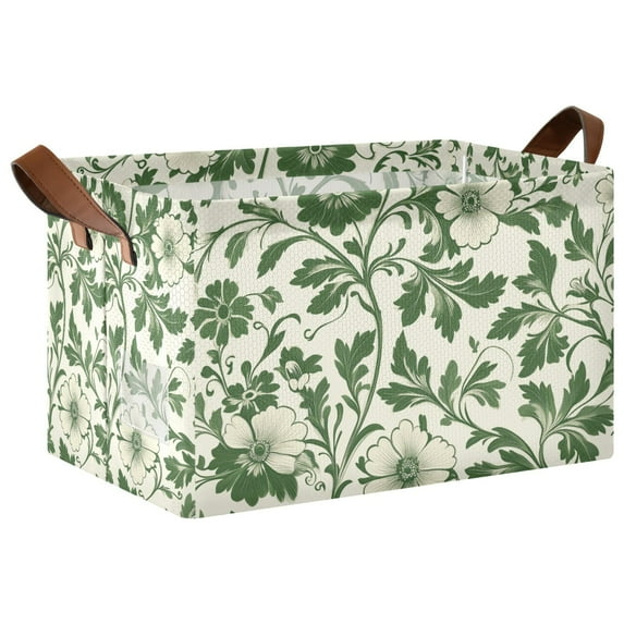 Yayeee Foldable Storage Basket for Shelves with Handles Waterproof Cloth Bins, Green Floral