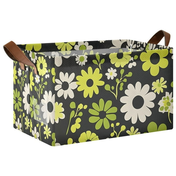 Yayeee Foldable Storage Basket for Shelves with Handles Waterproof Cloth Bins, Green Flower Pattern