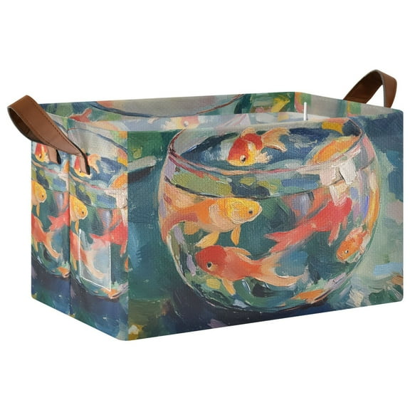 Yayeee Foldable Storage Basket for Shelves with Handles Waterproof Cloth Bins, Green Goldfish