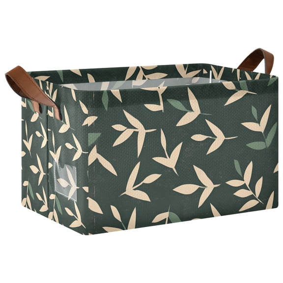 Yayeee Foldable Storage Basket for Shelves with Handles Waterproof Cloth Bins, Green Leaves