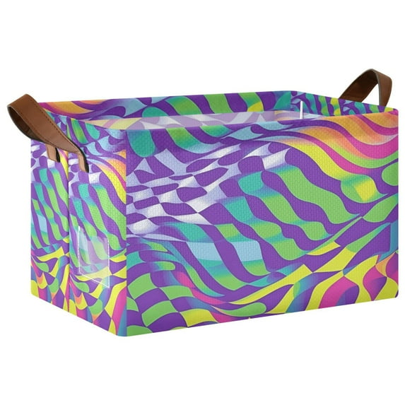 Yayeee Foldable Storage Basket for Shelves with Handles Waterproof Cloth Bins, Green Wavy Pattern