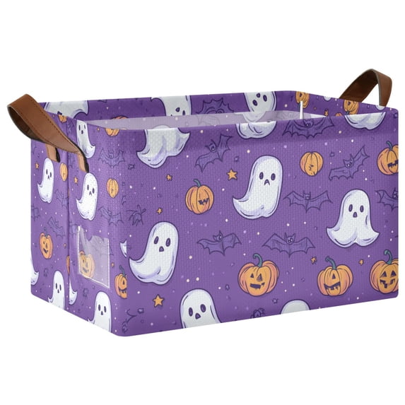 Yayeee Foldable Storage Basket for Shelves with Handles Waterproof Cloth Bins, Halloween Purple Ghosts
